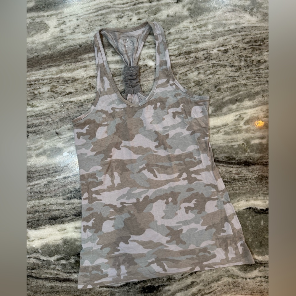 Poof! Women's Camo Racerback Tank in Beige and Gray
